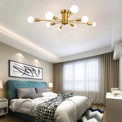 Sputnik Eight Light Gold Finish Semi Flush Mount Ceiling Light Fixture Brushed Metal Modern Chandelier in bedroom