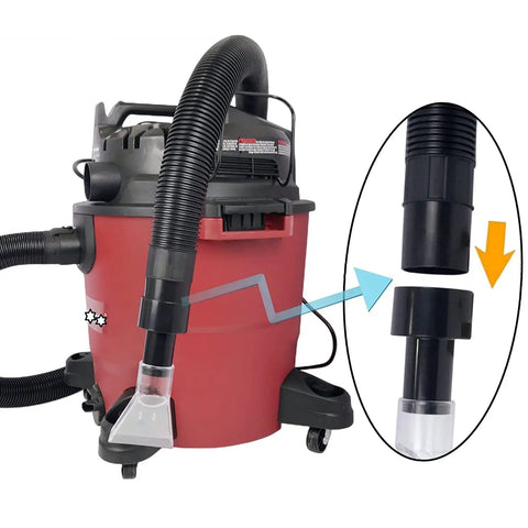 Universal Shop Vac Hose Adapter Kit, 2 Pack, 2.5 Inch Reducers To 1.5 And 1.25 Inch Hoses shown on red vacuum