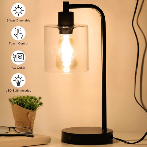 Touch Control Table Lamps Set of 2 With USB Ports And AC Outlet UL Listed 3 Way Dimmable Vintage Glass Shade Bedside Lamps display