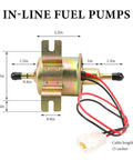 Low Pressure Inline Electric Fuel Pump 12V 3-6 PSI With Built In Check Valve visible dimensions and wiring details