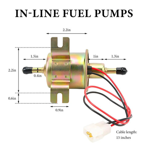 Low Pressure Inline Electric Fuel Pump 12V 3-6 PSI With Built In Check Valve visible dimensions and wiring details