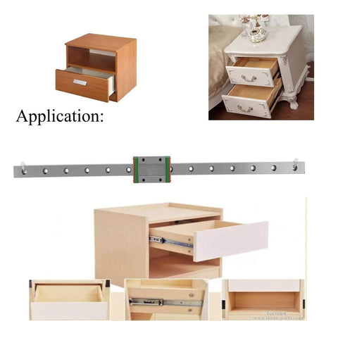 High Precision Miniature Rail Guide Kit With 350mm Rail And Slider For Miniature Linear Motion, installed in wooden drawers