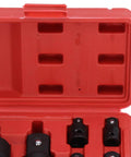 Socket Adapter Set With Chrome Tungsten Steel Construction, Impact Drive Adapters in plastic storage box for auto maintenance.