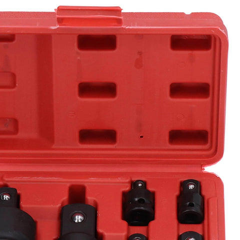 Socket Adapter Set With Chrome Tungsten Steel Construction, Impact Drive Adapters in plastic storage box for auto maintenance.