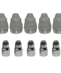 Premium LGK100 And LGK120 Plasma Cutting Nozzle 1.5mm Copper Torch Consumable, 5 pack with gray and metallic components.
