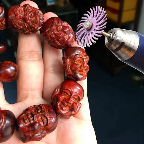 Using Rotary Tool Brush Disc Kit 1 Inch 35 Pcs With 3mm Shanks 7 Grits Ranging 80 to 2500 on carved wooden beads.