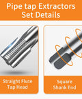Five Piece NPT Pipe Tap Set For Clean Accurate Threads Carbon Steel Taps In One Eighth Inch To Three Quarter Inch With Durable Plastic Case Perfect For Plumbers Mechanics And DIYers showing straight flute tap head and square shank end details.