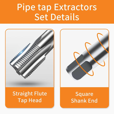 Six Piece NPT Pipe Tap Set In Carbon Steel For Clean Accurate Threads showing straight flute tap head and square shank end