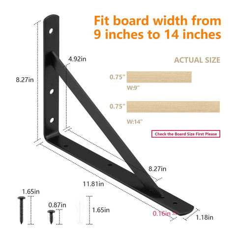 Heavy Duty Shelf Brackets 12 x 8 Inch Black Metal L Angle Brackets With Screws dimensions diagram and board fitting guide