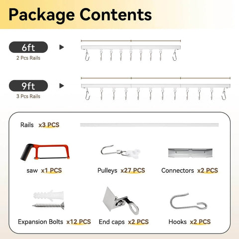 Package contents of Ceiling Curtain Track For Room Divider, Aluminum Ceiling Mount Rail Set With Roller Hooks, White Finish, 6Ft To 9Ft.