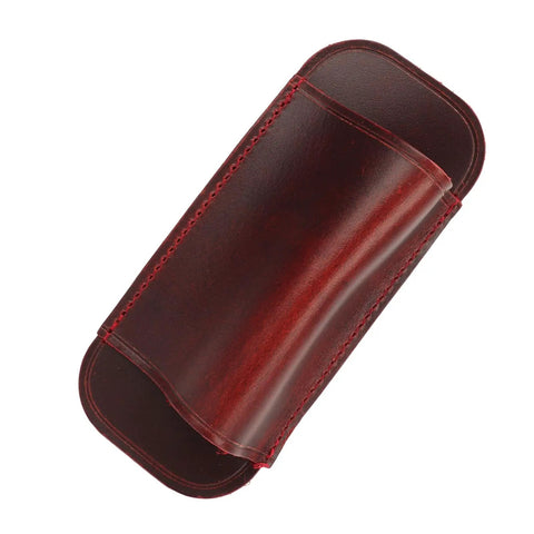 Multifunctional Crazy Horse Leather Knife Sheath With Hands Free Waist Bag in wine red, top view of leather texture and stitching.