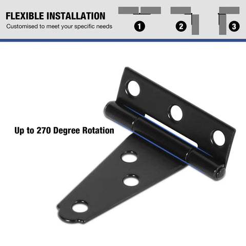 2 Inch T Strap Hinges 6 Pack For Wood Doors And Cabinets Matte Black Light Duty Hinge Set displayed with up to 270 degree rotation