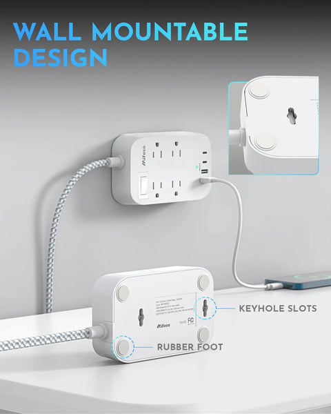 Wall mount setup of 10Ft Braided Power Strip With Flat Plug, 4 Outlets And 4 USB Ports, Overload Protection, keyhole slots displayed.