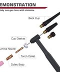 Diagram showing TIG Welding Torch Accessories Must-Have All-In-One 71-Piece Kit With Alumina Nozzles and collet parts labeled.