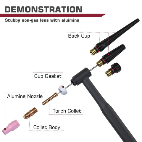 Diagram showing TIG Welding Torch Accessories Must-Have All-In-One 71-Piece Kit With Alumina Nozzles and collet parts labeled.