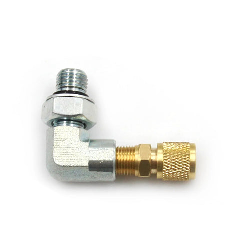 L-shaped fuel pressure tester adapter with brass connector and silver body for Ford Powerstroke 7.3.