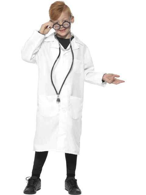 Child wearing Unisex Doctor Scientist Costume With White Lab Coat Realistic Medical Look Party Ready Dress Up Outfit For Halloween