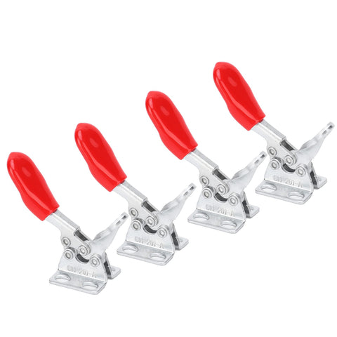 Set of four galvanized iron compression clamps with red handles from Pro Grade Quick Clench Clamp Toolkit And Thickened Tool Bag For Electricians Portable On The Go Clamp Set With Storage Case Durable Compact Blue Design For Tools Supplies And Accessories Easy Access For Busy Worksites.