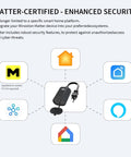Diagram showing Matter Ready Outdoor Smart Plug WiFi Heavy Duty IP65 Weatherproof Outlet 15 Amp with app icons