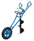 Powerful 2 Stroke Gas Powered Earth Auger With 11.81 Inch Drill Bit For Post Holes And Fence Posts Garden And Lawn Digging Planting And Drilling The Workhorse 3HP Heavy Duty Borer With Rugged Cast Iron Aluminum Alloy Build, featuring a sturdy blue frame and rubber wheel