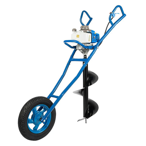 Blue Gas Powered 63Cc 2 Stroke Earth Auger Workhorse with 11.81 inch drill and air cooling on single wheel frame
