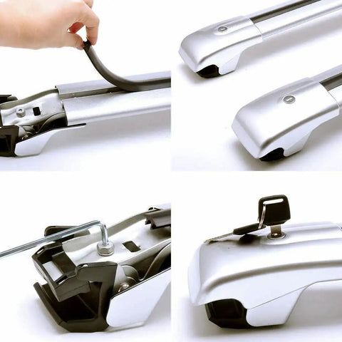 Close-up views of Volkswagen Taos Roof Rack Cross Bars 2 Pcs Aluminum With Anti Theft Lock, focusing on locking mechanism and details.