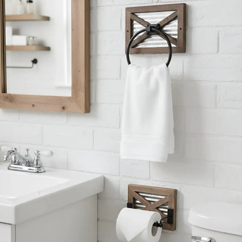 Rustic Farmhouse Towel Holder For Bathroom Wall Mounted Rack With Galvanized Metal Ring Western Themed Hand Towel Holder Weathered Wood And Metal Decor in modern bathroom with white tiles.