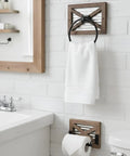 Rustic Farmhouse Toilet Paper Holder And Towel Holder Set Wall Mounted With Weathered Wood Finish And Black Metal Hardware in bathroom