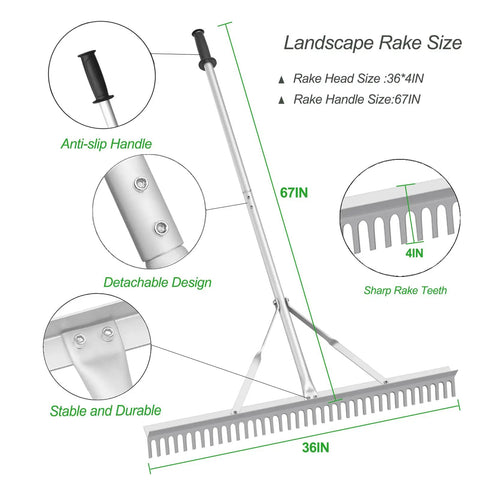Diagram showing the 36 inch aluminum landscape rake with 67 inch handle for fast lawn care and no fuss yard work raking leaves weeds gravel.