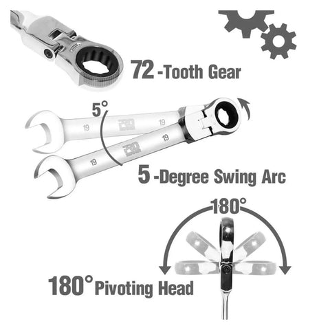 14 Piece Ratchet Spanner Set With Multitool Wrenches, Easy Grip Hand Tools for tight spaces in car repair and DIY projects, showing 72-tooth gear and 180-degree pivoting heads.