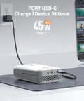 USB-C charger plugged into wall socket with cable connected to a device, displaying '45W max' power output.