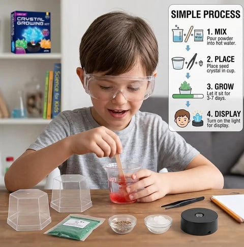 Child using Light Up Crystal Growing Kit for Kids With LED Night Light Base Grow Six Vibrant Crystals In Five To Seven Days STEM DIY Science Experiments Educational Toy Gift For Boys And Girls Age Eight To Twelve