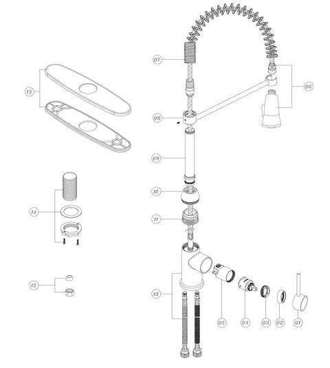 Exploded diagram of RV Kitchen Faucet With Pull Down Sprayer And High Arc Swivel Spout, Spring Loaded, Single Handle, Chrome Finish