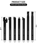 21-piece lathe turning tool set with 3/8 in shanks, 7 holders and 14 carbide inserts, front view.