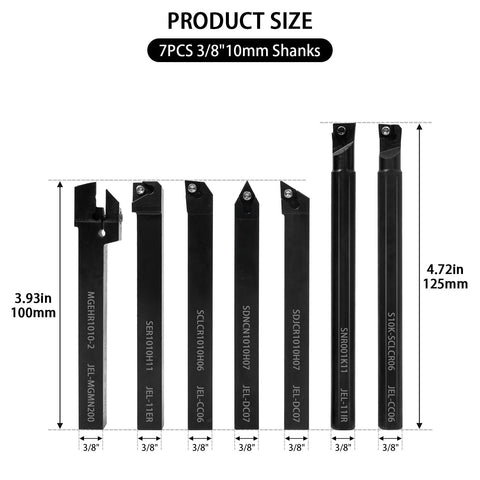 21-piece lathe turning tool set with 3/8 in shanks, 7 holders and 14 carbide inserts, front view.