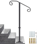 Sturdy Outdoor Stair Rail Handrail, 38.8 Inch High, Single Post Mount, Fits 1 or 2 Steps, For Concrete and Wooden Steps With Base, Wrought Iron