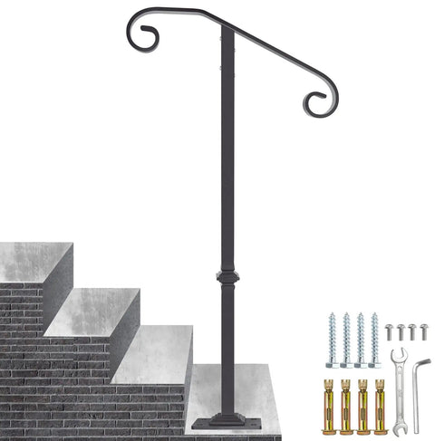 Sturdy Outdoor Stair Rail Handrail, 38.8 Inch High, Single Post Mount, Fits 1 or 2 Steps, For Concrete and Wooden Steps With Base, Wrought Iron
