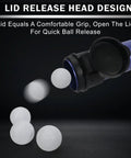 Premium Aluminum Alloy Golf Ball Retriever With Shag Tube Holds 20 Balls, showing lid release design and ball capacity.