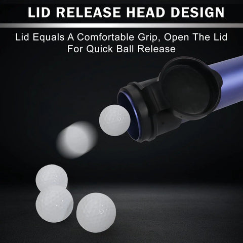 Premium Aluminum Alloy Golf Ball Retriever With Shag Tube Holds 20 Balls, showing lid release design and ball capacity.