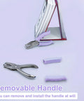 One Hole Puncher For Paper Crafts With Purple Soft Grip Handle next to books, showcasing removable handle feature