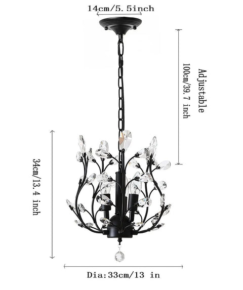 Vintage K9 Clear Crystal 3-Light Pendant Ceiling Fixture In Black Finish with Adjustable 39-Inch Chain, E12 Base