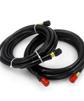 Two 20ft black hydraulic steering hoses with red end caps and brass fittings for Seastar outboard steering, coiled.