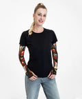 Sick Kitten Print Arm Sleeves For Men And Women Ice Silk Sun Protection With Thumb Hole Anti Slip Grip Running Cycling Golf Athletic Tattoo Covers Beat The Scorching Heat Straight Fire Summer Gear worn by a woman with a black t-shirt.