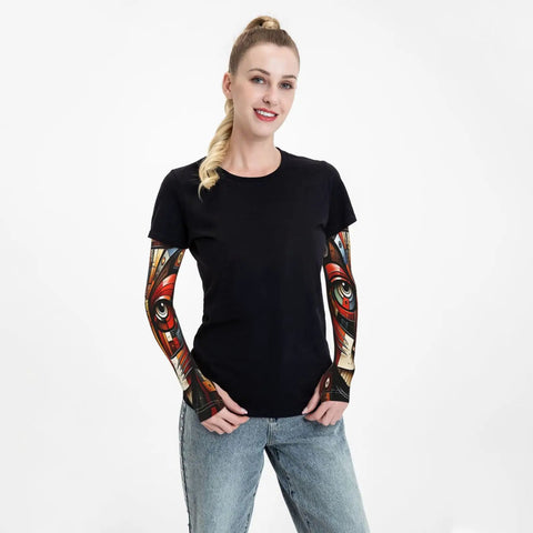 Sick Kitten Print Arm Sleeves For Men And Women Ice Silk Sun Protection With Thumb Hole Anti Slip Grip Running Cycling Golf Athletic Tattoo Covers Beat The Scorching Heat Straight Fire Summer Gear worn by a woman with a black t-shirt.