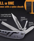 24 In 1 Multitool With Knife And Pliers, 11 Magnetic Bits, sharp stainless steel multitool with ruler and knife extended, nylon sheath