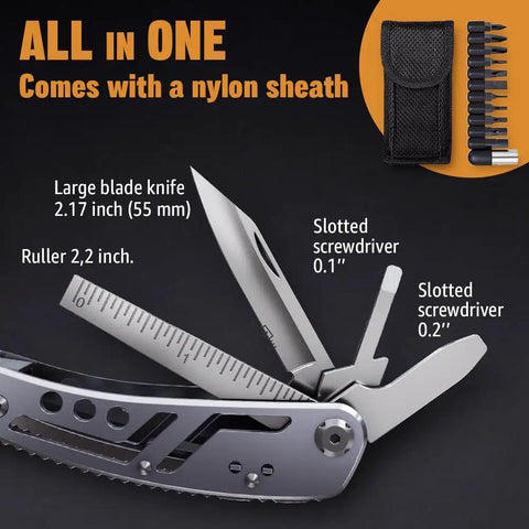 24 In 1 Multitool With Knife And Pliers, 11 Magnetic Bits, sharp stainless steel multitool with ruler and knife extended, nylon sheath