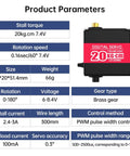 Beefy 20Kg Torque RC Servo Motor With 25T Horn digital servo specifications and dimensions.