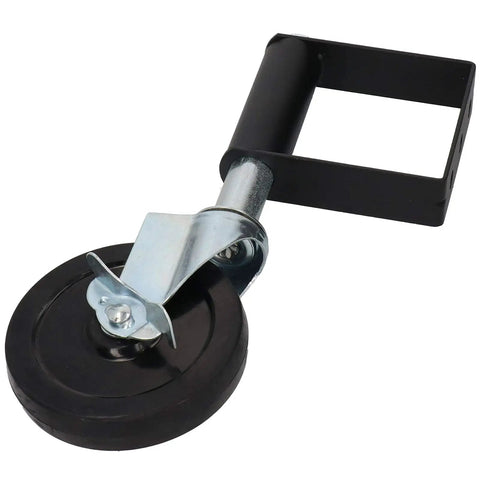 Workhorse Self Leveling 5 Inch Spring Loaded Gate Wheel Caster with black rubber wheel and metal bracket for gates.