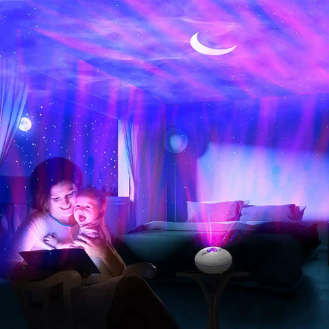 Galaxy Projector Night Light With Bluetooth Speaker And Remote Aurora Sky Lighting creating purple and blue nebula in bedroom