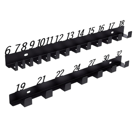 Wall Mounted Wrench Holder And Combination Wrench Organizer Rack With Number Display For 6-32 Wrenches, steel slots visible